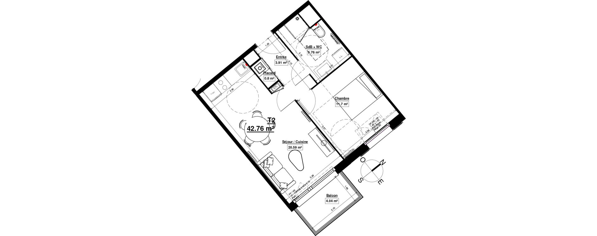 Appartement T2 de 42,76 m2 &agrave; Linselles Centre