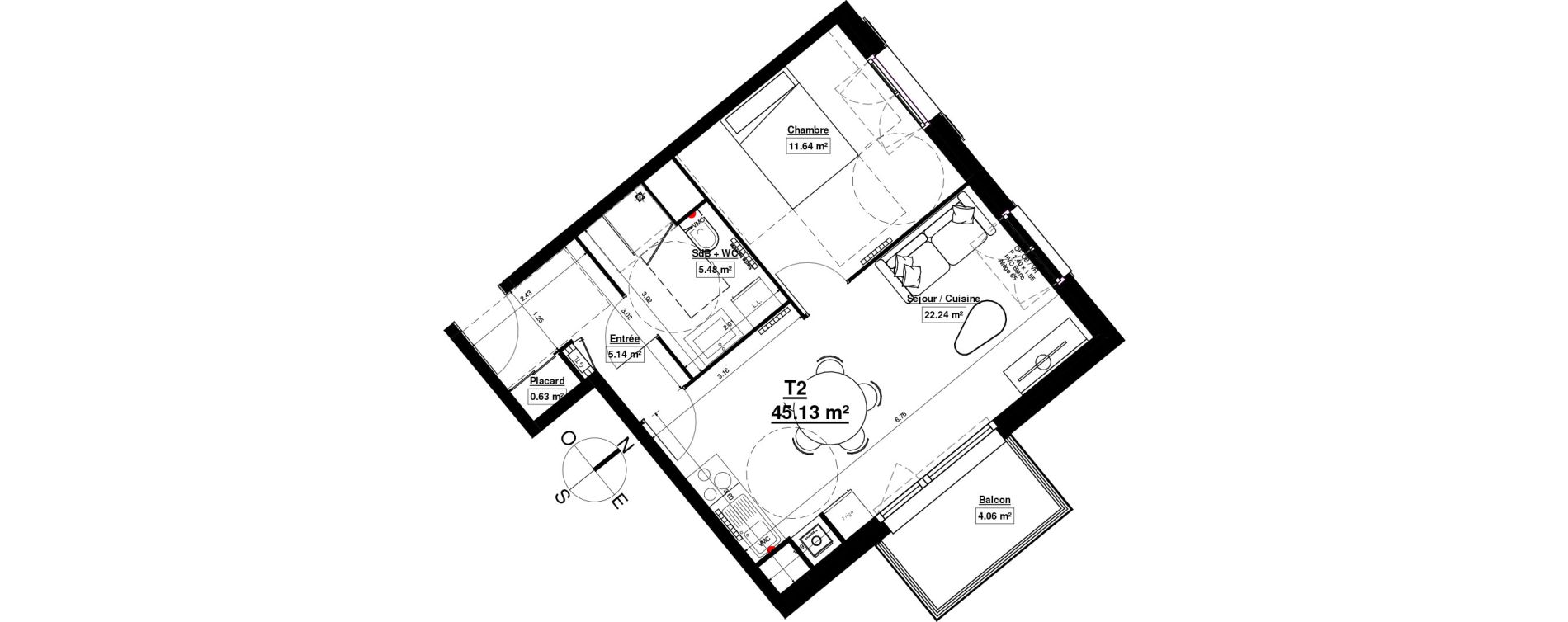 Appartement T2 de 45,13 m2 &agrave; Linselles Centre