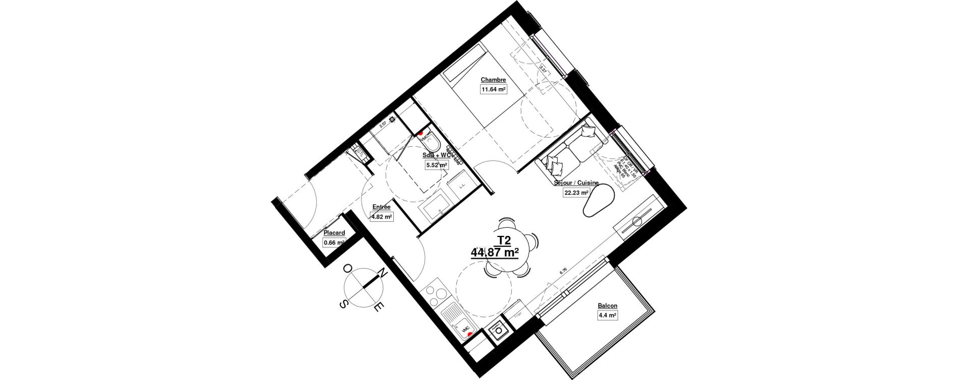 Appartement T2 de 44,87 m2 &agrave; Linselles Centre