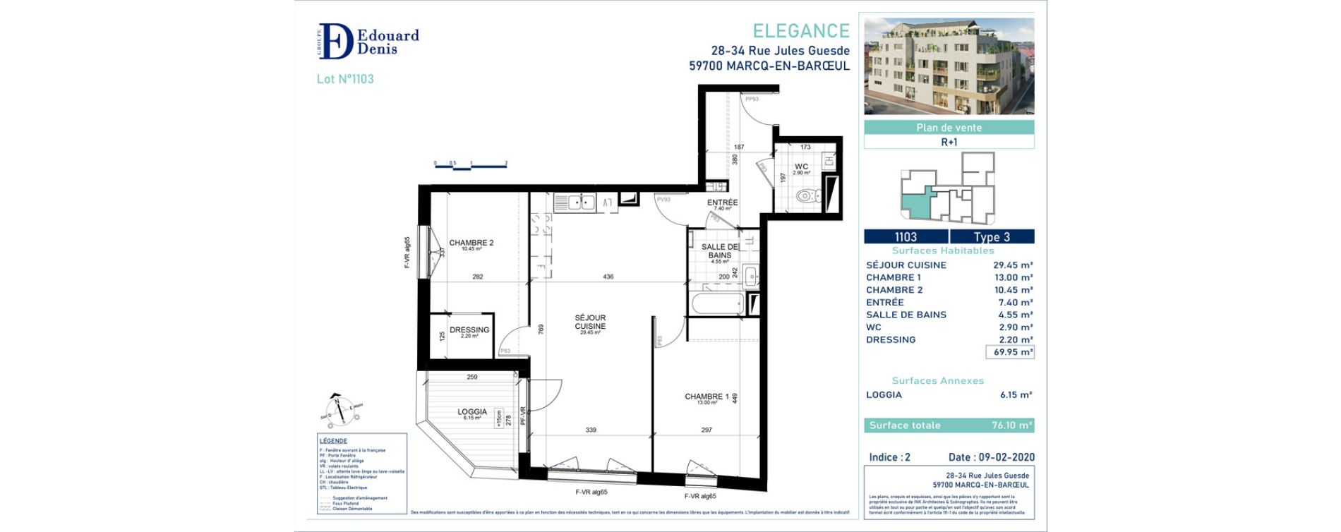 Appartement T3 de 69,95 m2 &agrave; Marcq-En-Bar&oelig;ul Centre