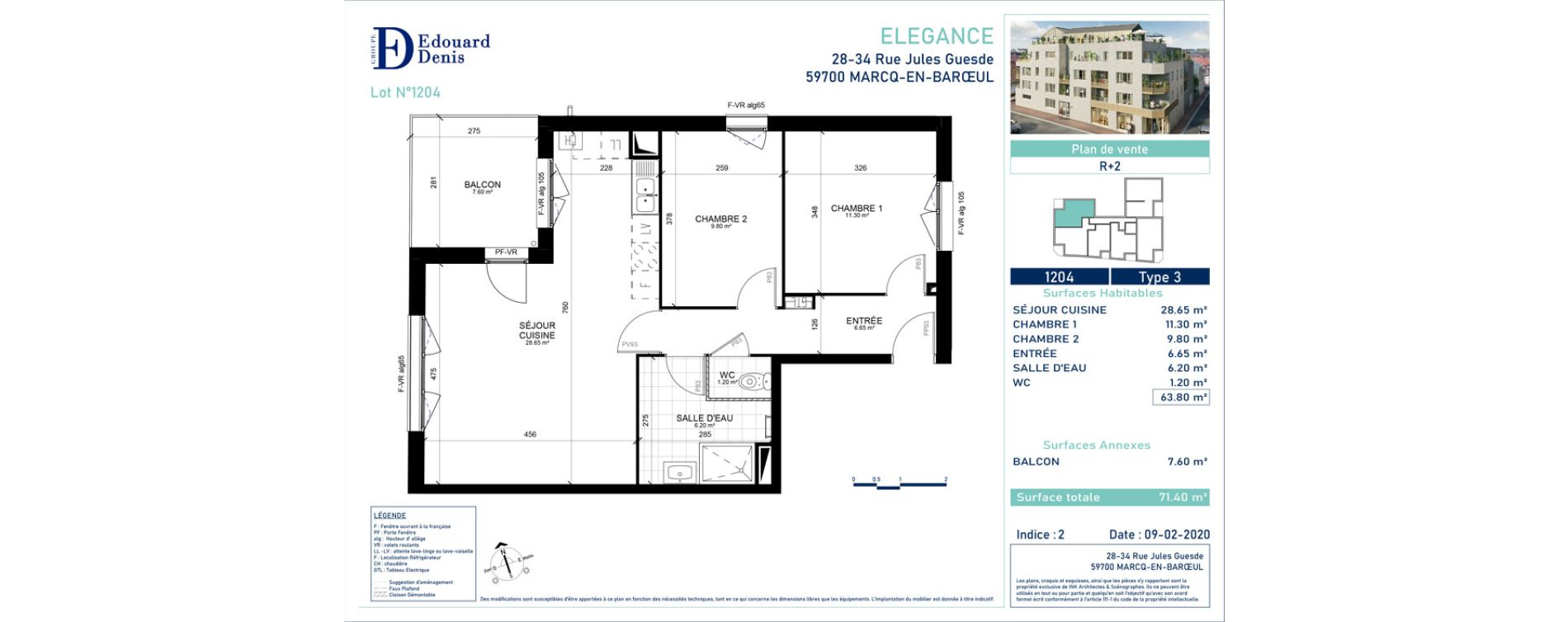Appartement T3 de 63,80 m2 &agrave; Marcq-En-Bar&oelig;ul Centre