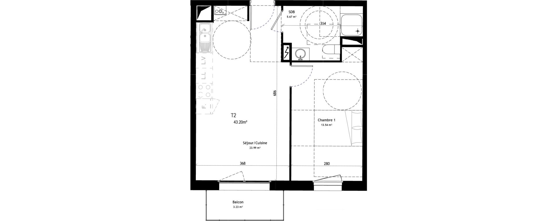 Appartement T2 de 43,20 m2 &agrave; Marcq-En-Bar&oelig;ul Plaine de menin
