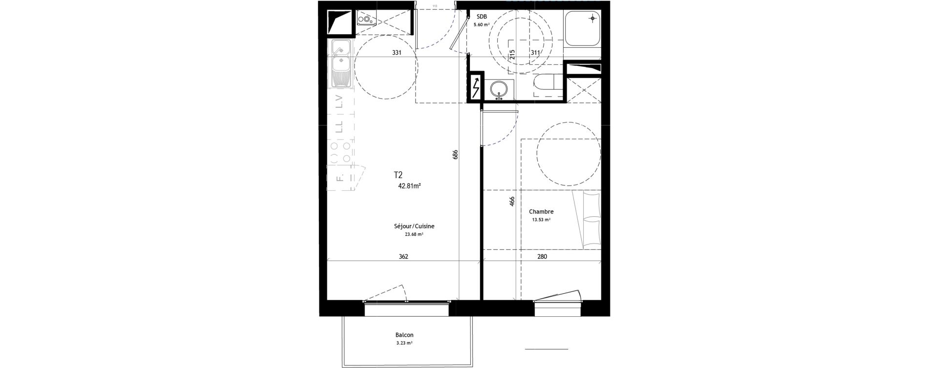 Appartement T2 de 42,81 m2 &agrave; Marcq-En-Bar&oelig;ul Plaine de menin