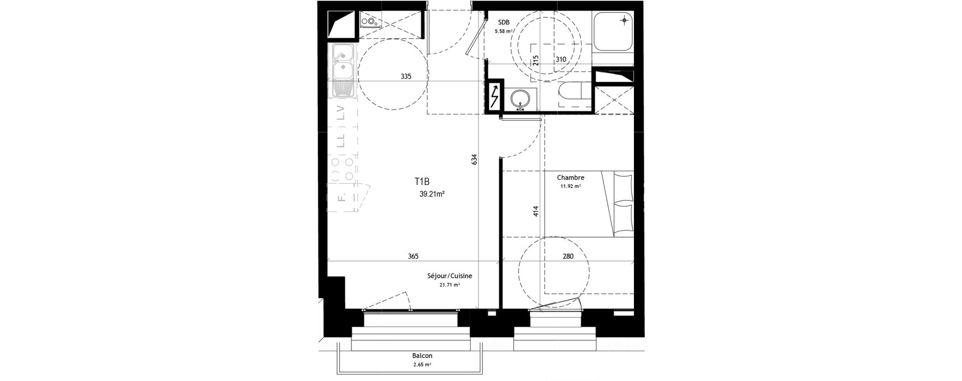 Appartement T2 de 39,21 m2 &agrave; Marcq-En-Bar&oelig;ul Plaine de menin