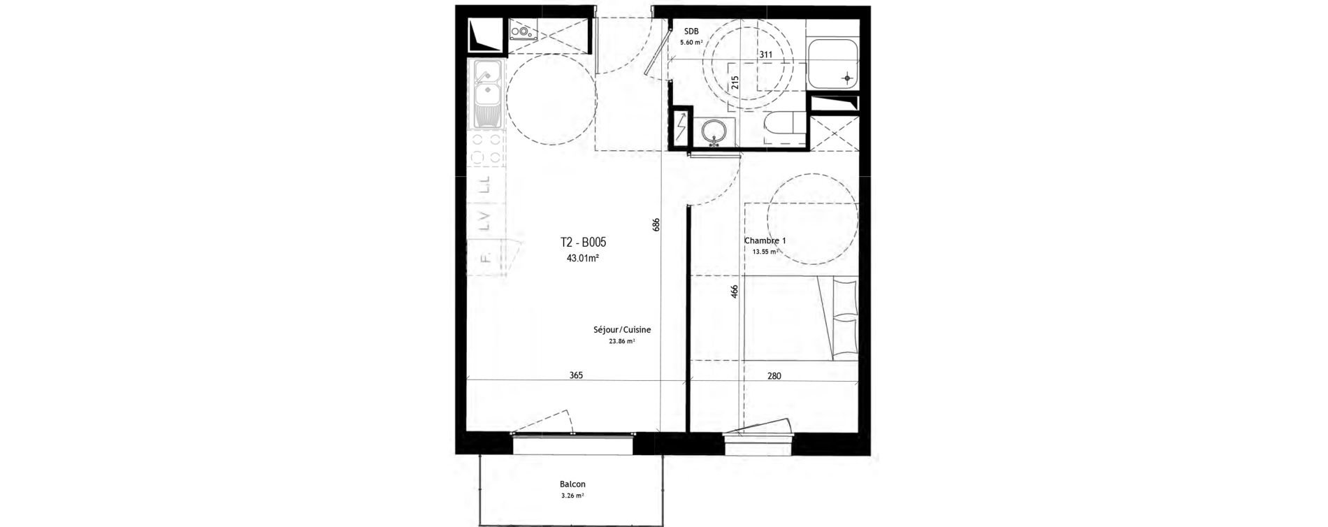 Appartement T2 de 43,01 m2 &agrave; Marcq-En-Bar&oelig;ul Plaine de menin