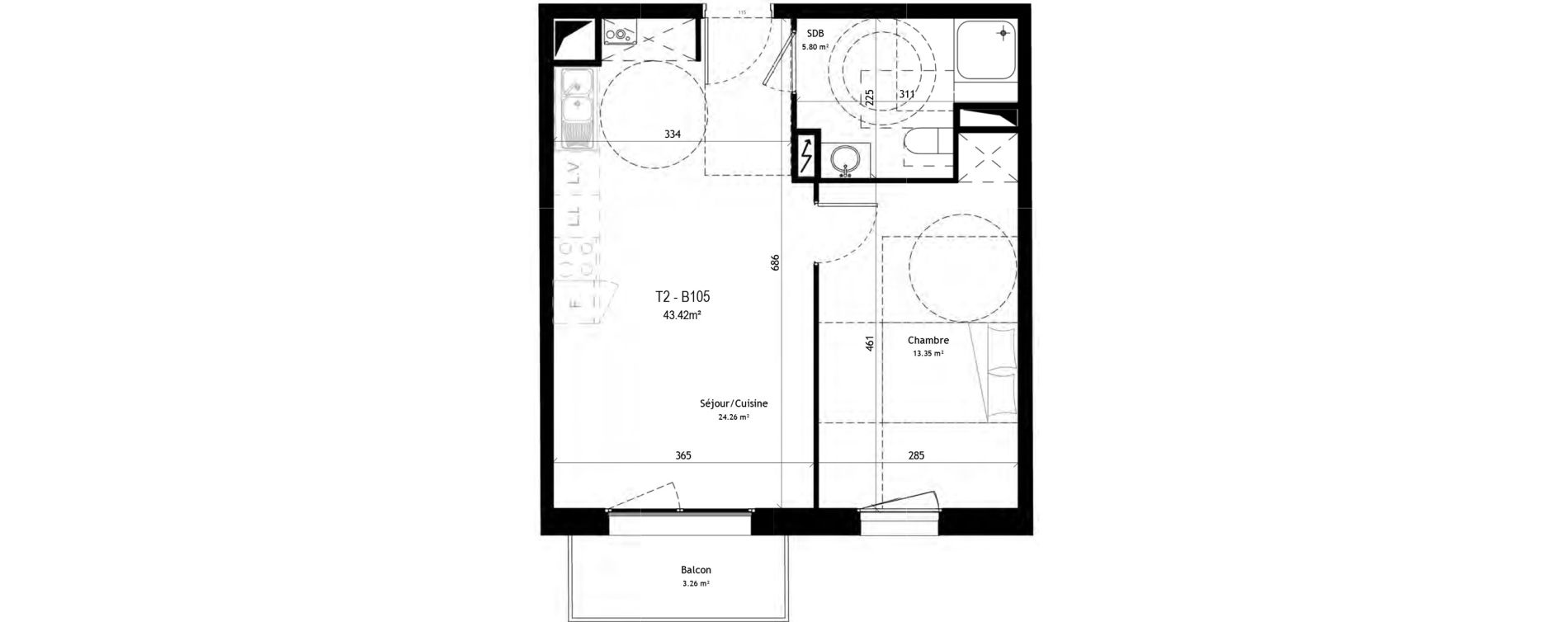 Appartement T2 de 43,42 m2 &agrave; Marcq-En-Bar&oelig;ul Plaine de menin