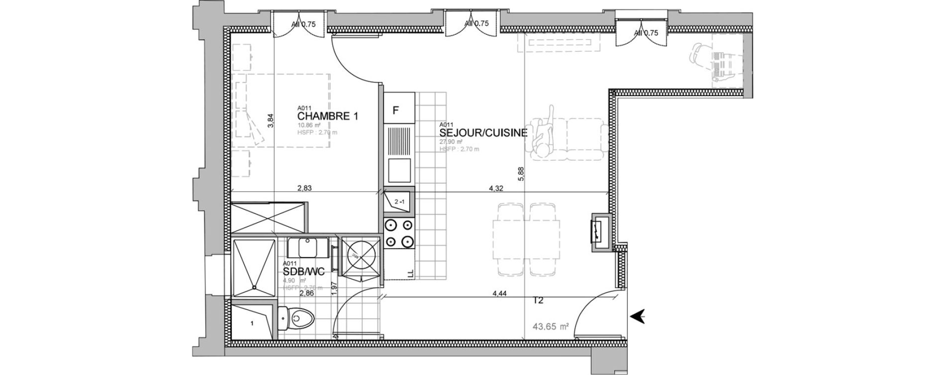 Appartement T2 de 43,65 m2 &agrave; M&eacute;rignies Centre