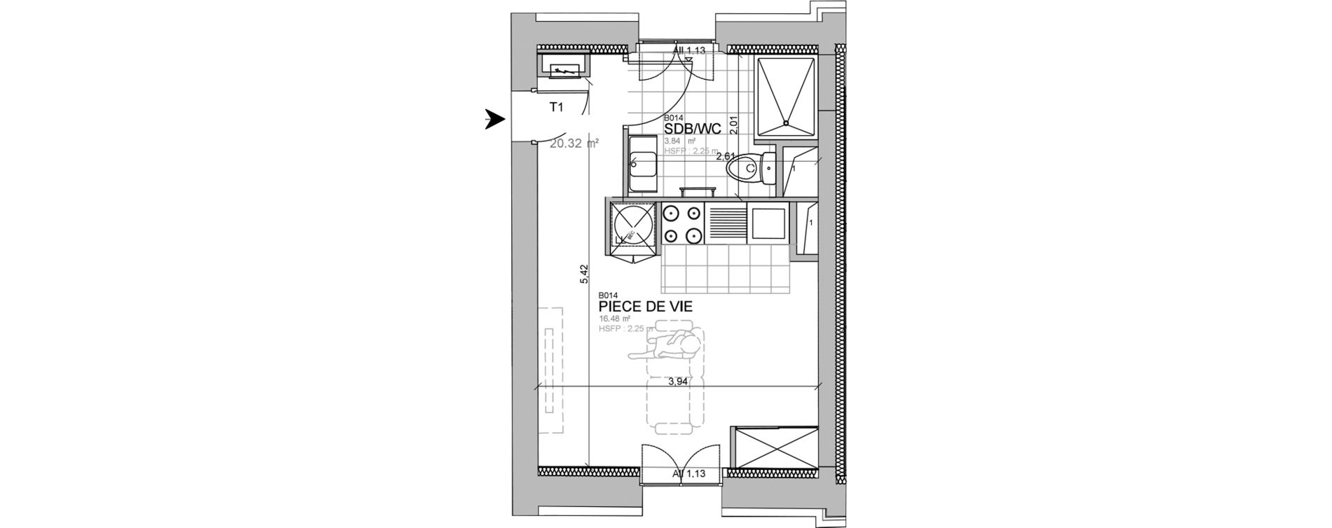 Appartement T1 de 20,32 m2 &agrave; M&eacute;rignies Centre