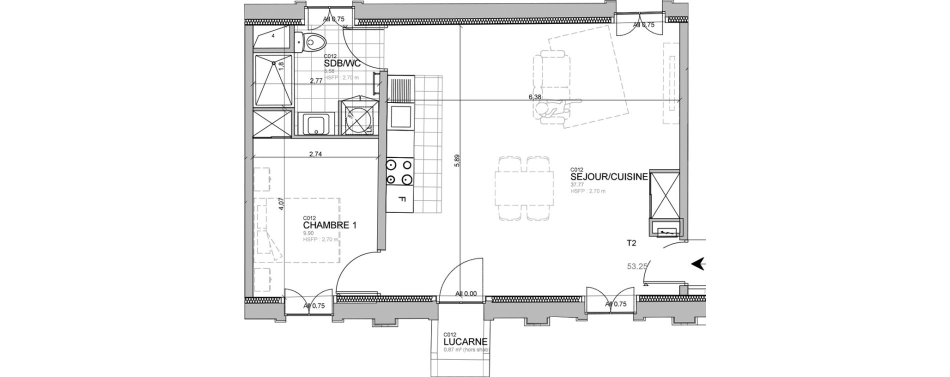 Appartement T2 de 53,25 m2 &agrave; M&eacute;rignies Centre