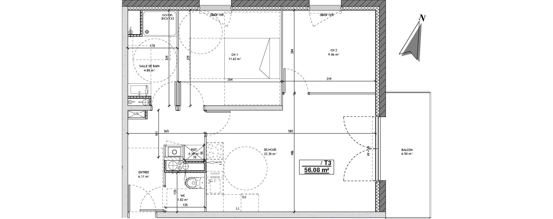 Appartement T3 de 56,08 m2 &agrave; Mons-En-Bar&oelig;ul Centre