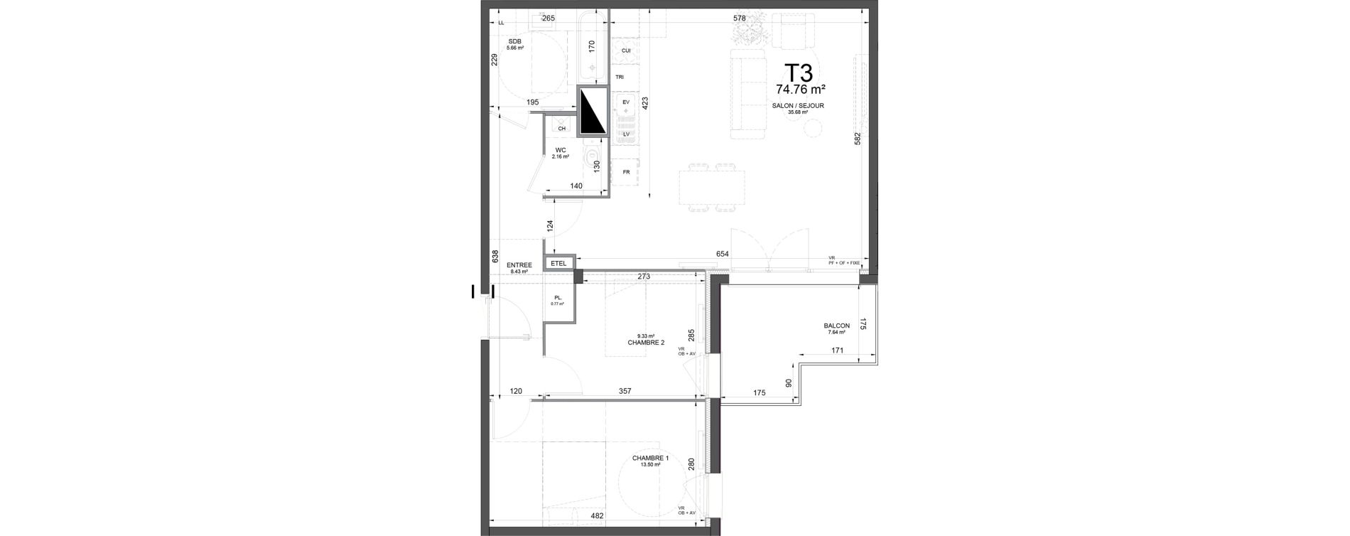 Appartement T3 de 74,76 m2 &agrave; Phalempin Centre