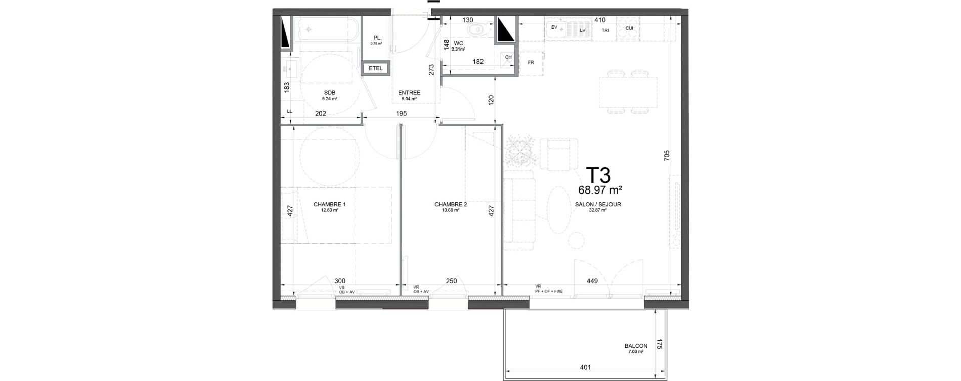 Appartement T3 de 68,97 m2 &agrave; Phalempin Centre