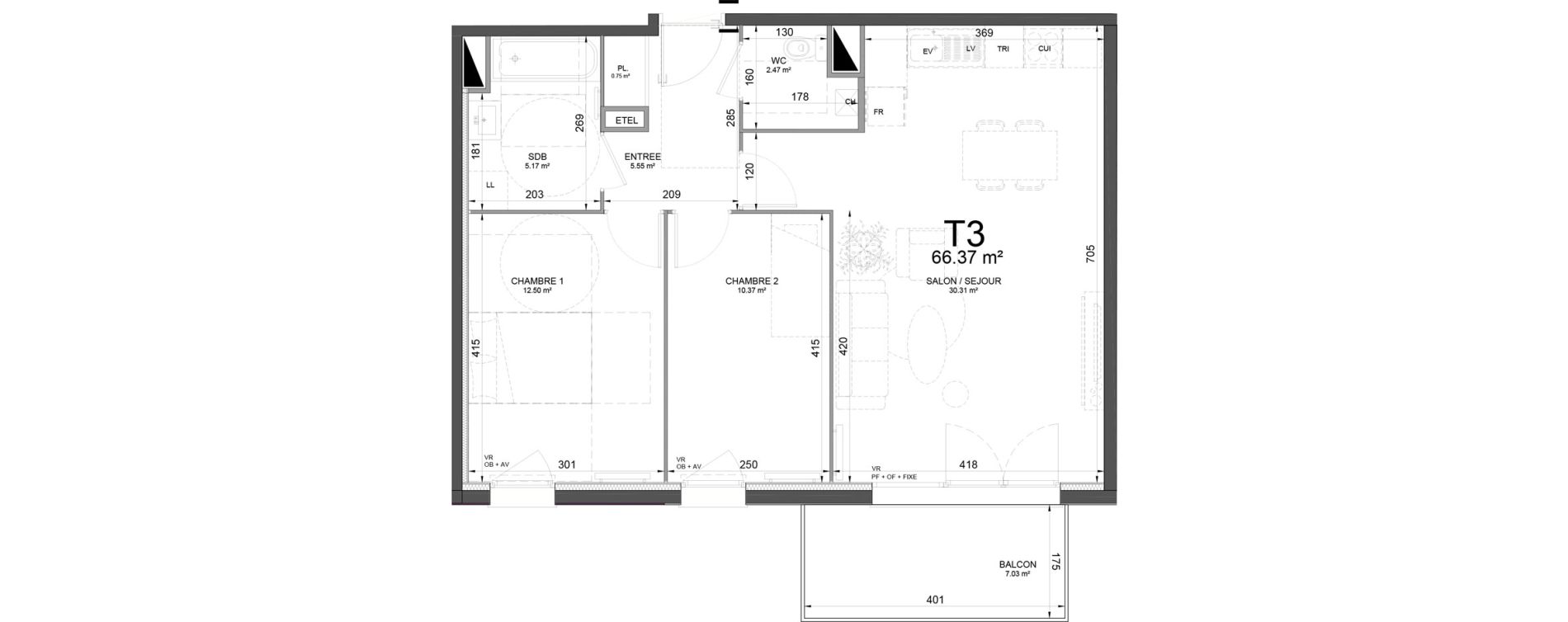 Appartement T3 de 66,37 m2 &agrave; Phalempin Centre