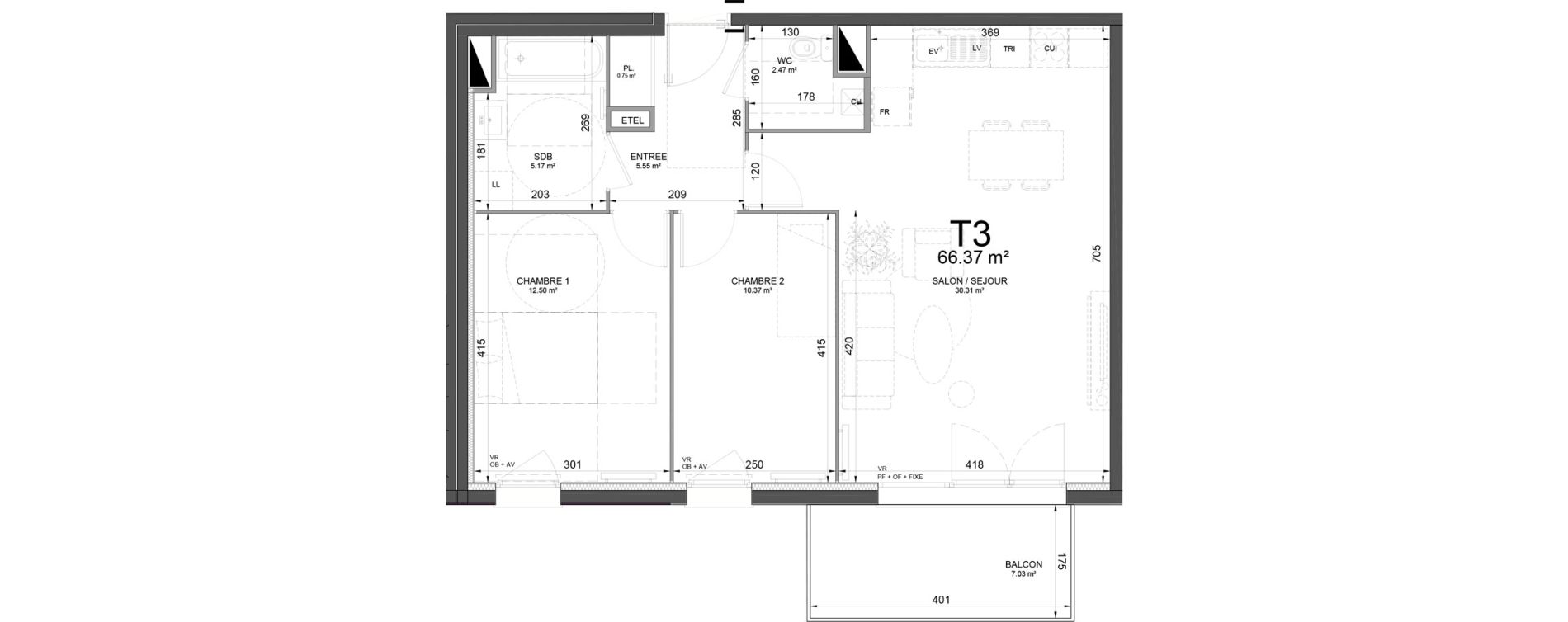 Appartement T3 de 66,37 m2 &agrave; Phalempin Centre