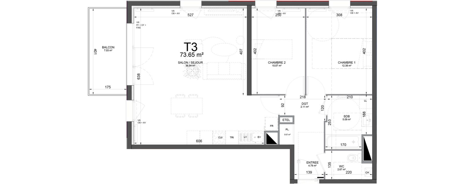 Appartement T3 de 73,65 m2 &agrave; Phalempin Centre