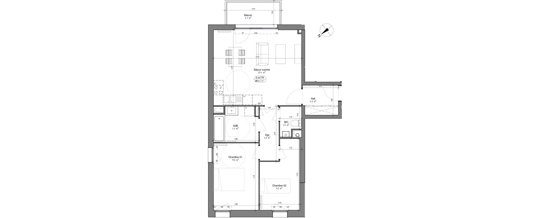 Appartement T3 de 62,10 m2 à Ronchin Centre