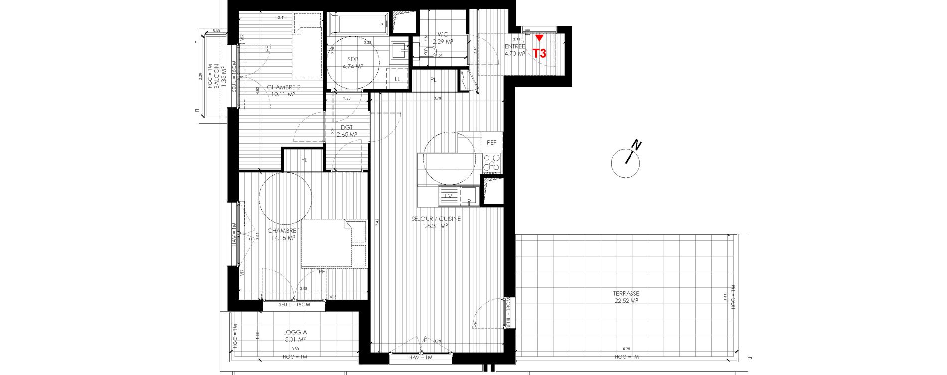 Appartement T3 de 66,95 m2 &agrave; Saint-Andr&eacute;-Lez-Lille Centre