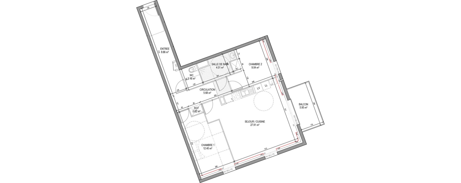 Appartement T3 de 70,48 m2 &agrave; Wambrechies Foch pasteur - ecarts