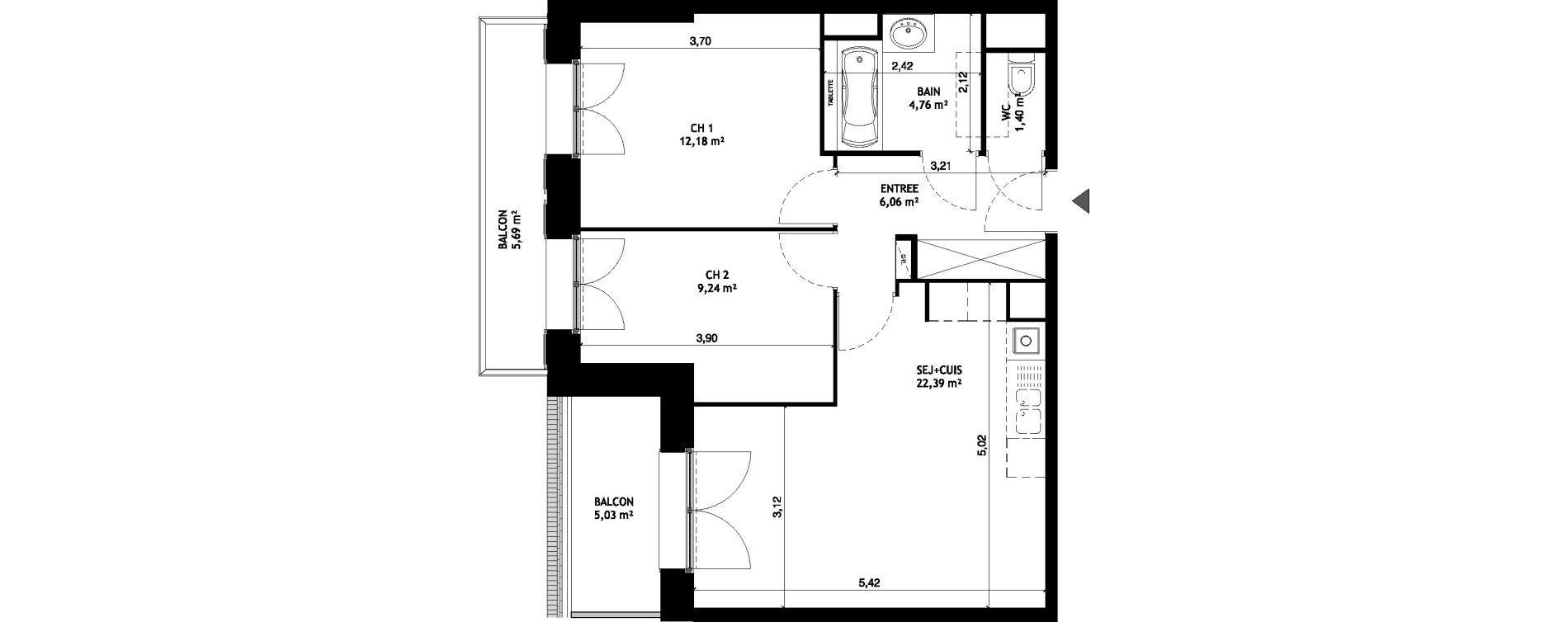 Appartement T3 de 56,04 m2 &agrave; Wattignies Centre