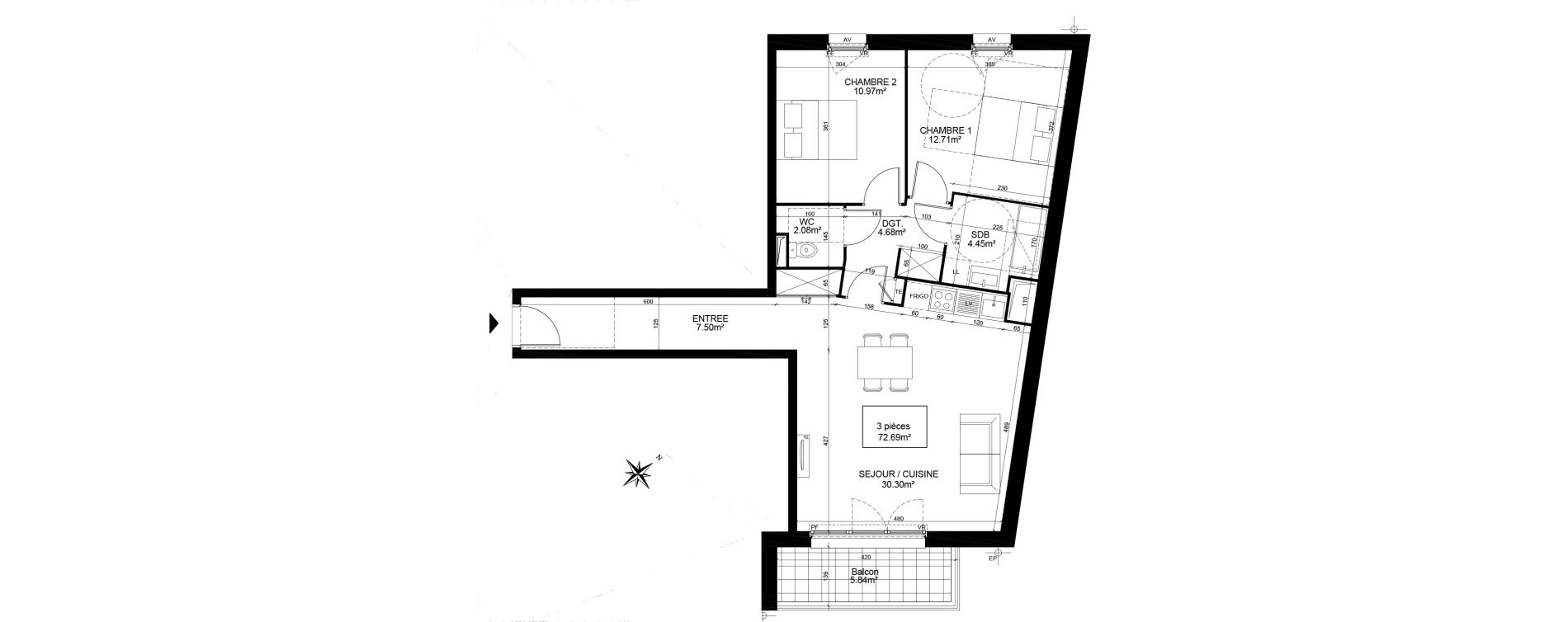 Appartement T3 de 72,69 m2 &agrave; Creil Centre