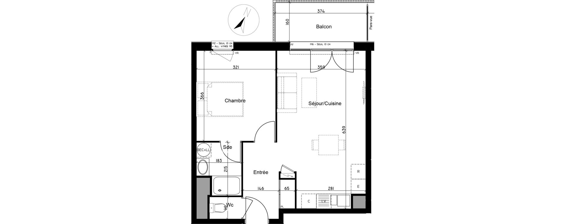 Appartement T2 de 42,94 m2 aux Ageux Centre