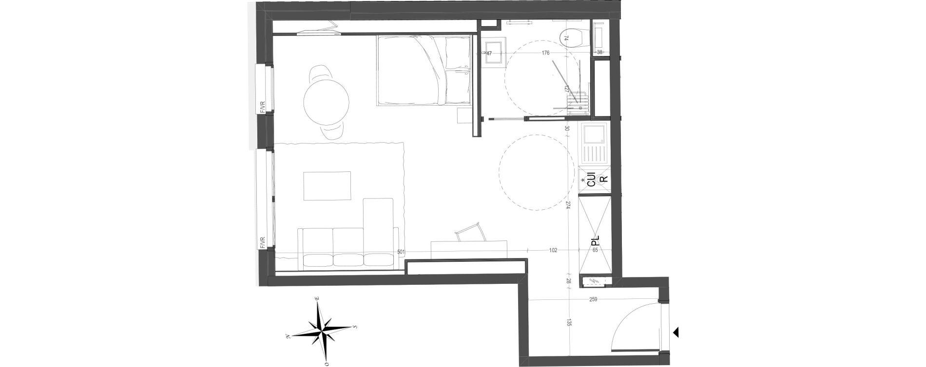 Appartement T1 meubl&eacute; de 35,92 m2 &agrave; Arras Centre