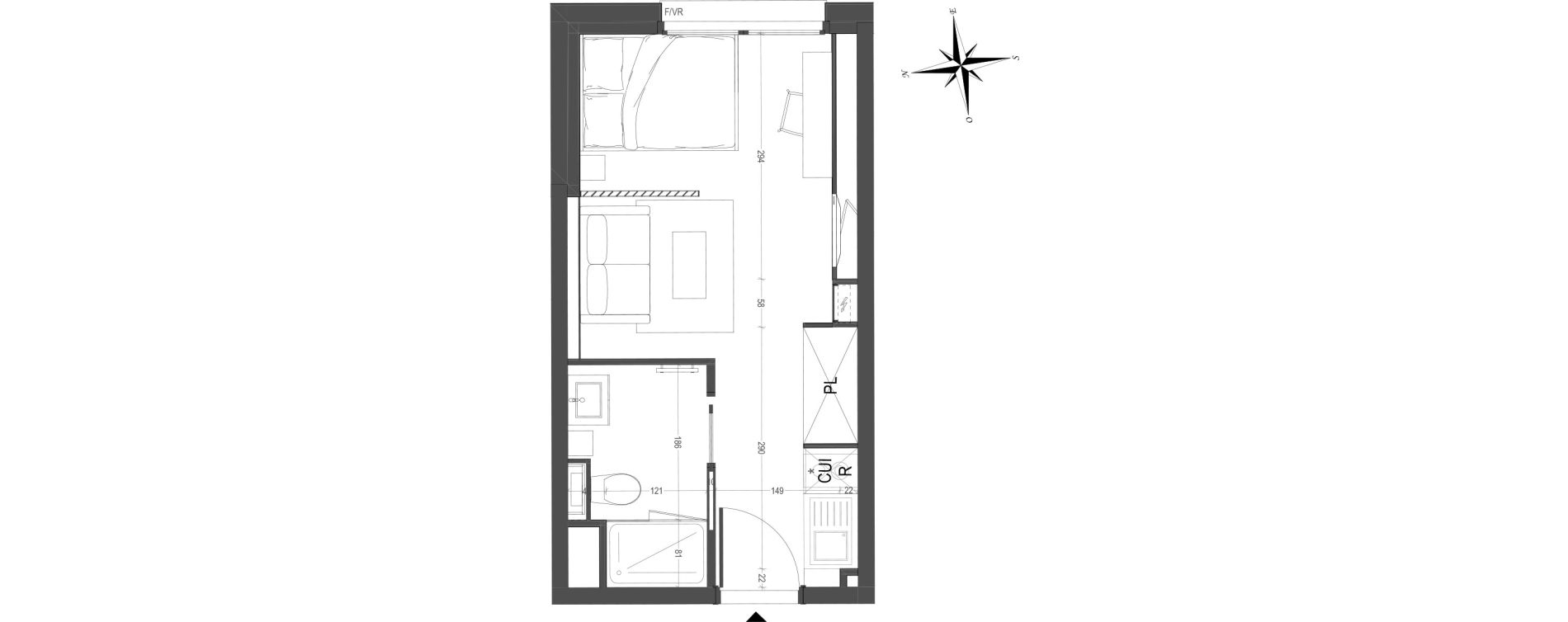 Appartement T1 meubl&eacute; de 21,42 m2 &agrave; Arras Centre