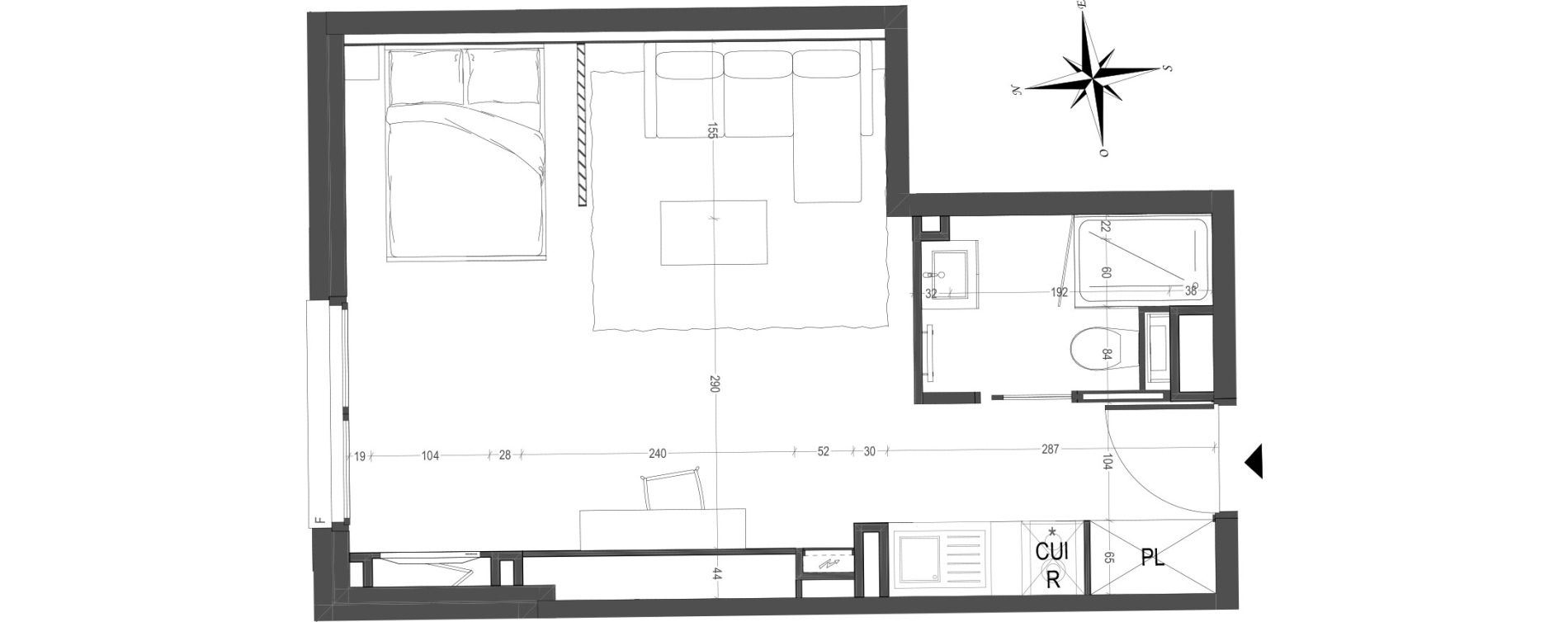 Appartement T1 meubl&eacute; de 31,19 m2 &agrave; Arras Centre