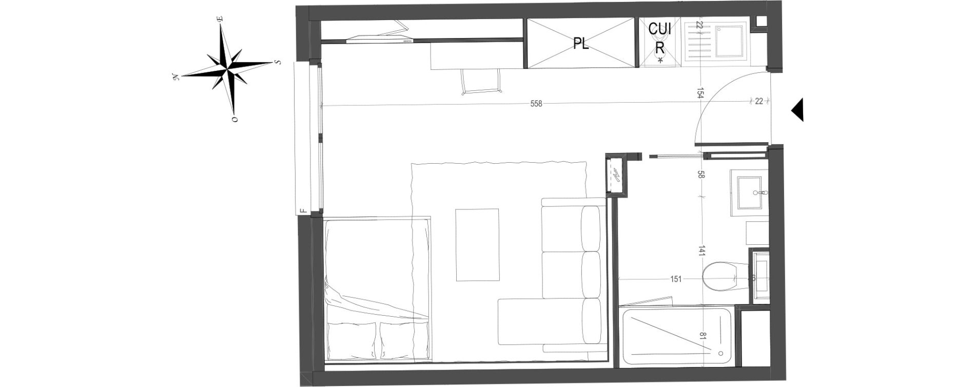 Appartement T1 meubl&eacute; de 24,74 m2 &agrave; Arras Centre