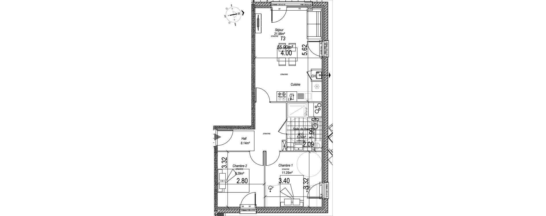 Appartement T3 de 55,90 m2 &agrave; Camiers Centre