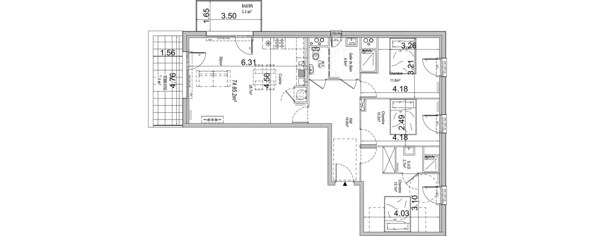Appartement T4 de 85,20 m2 &agrave; Cucq Centre