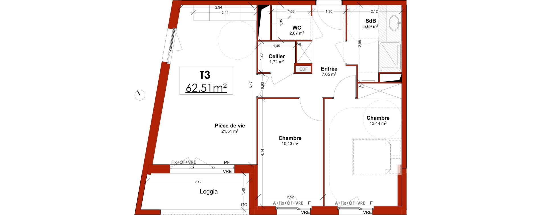 Appartement T3 meubl&eacute; de 62,51 m2 &agrave; Lens Centre