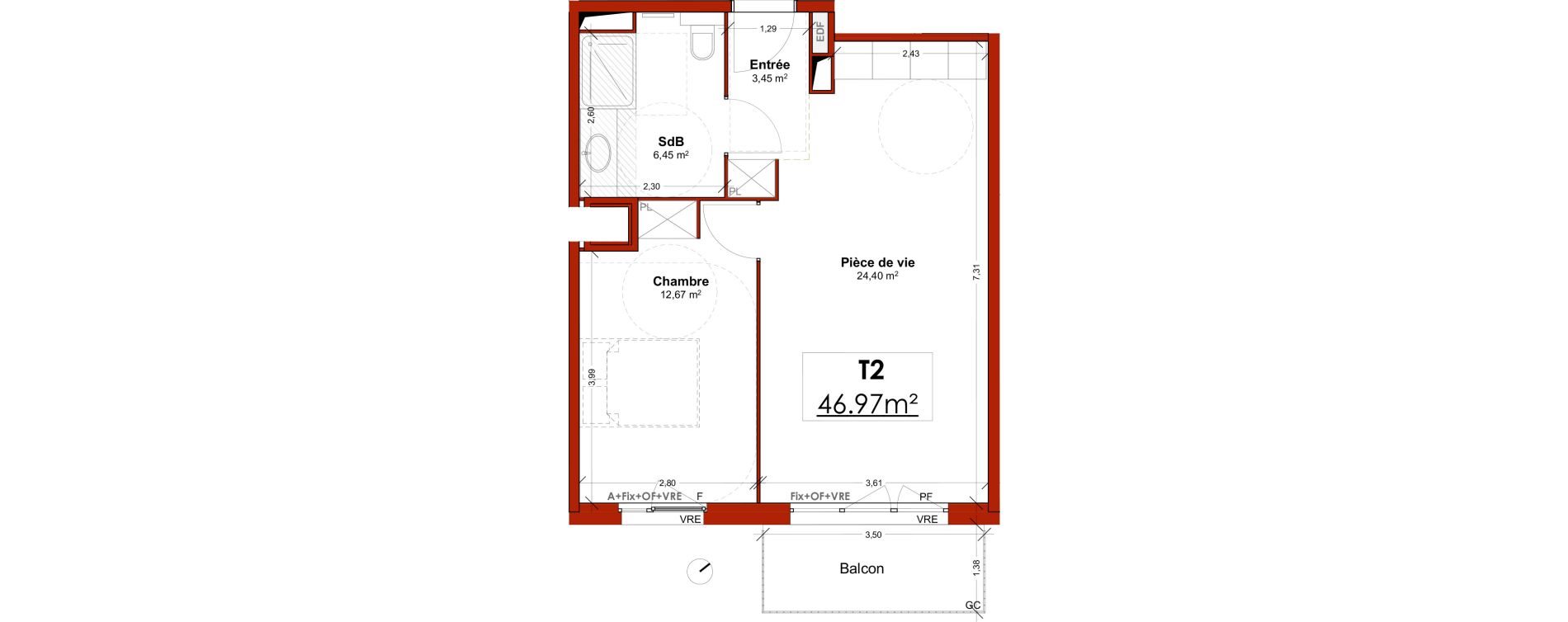 Appartement T2 meubl&eacute; de 46,97 m2 &agrave; Lens Centre