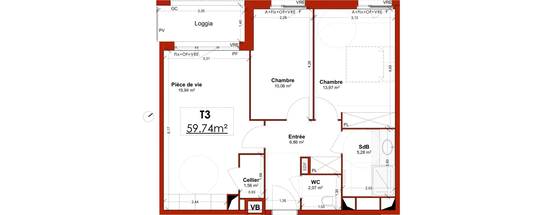 Appartement T3 meubl&eacute; de 59,74 m2 &agrave; Lens Centre