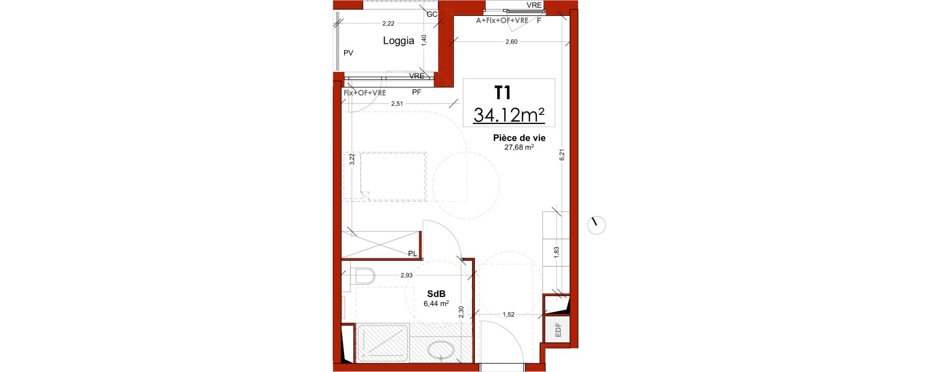 Appartement T1 meubl&eacute; de 34,12 m2 &agrave; Lens Centre
