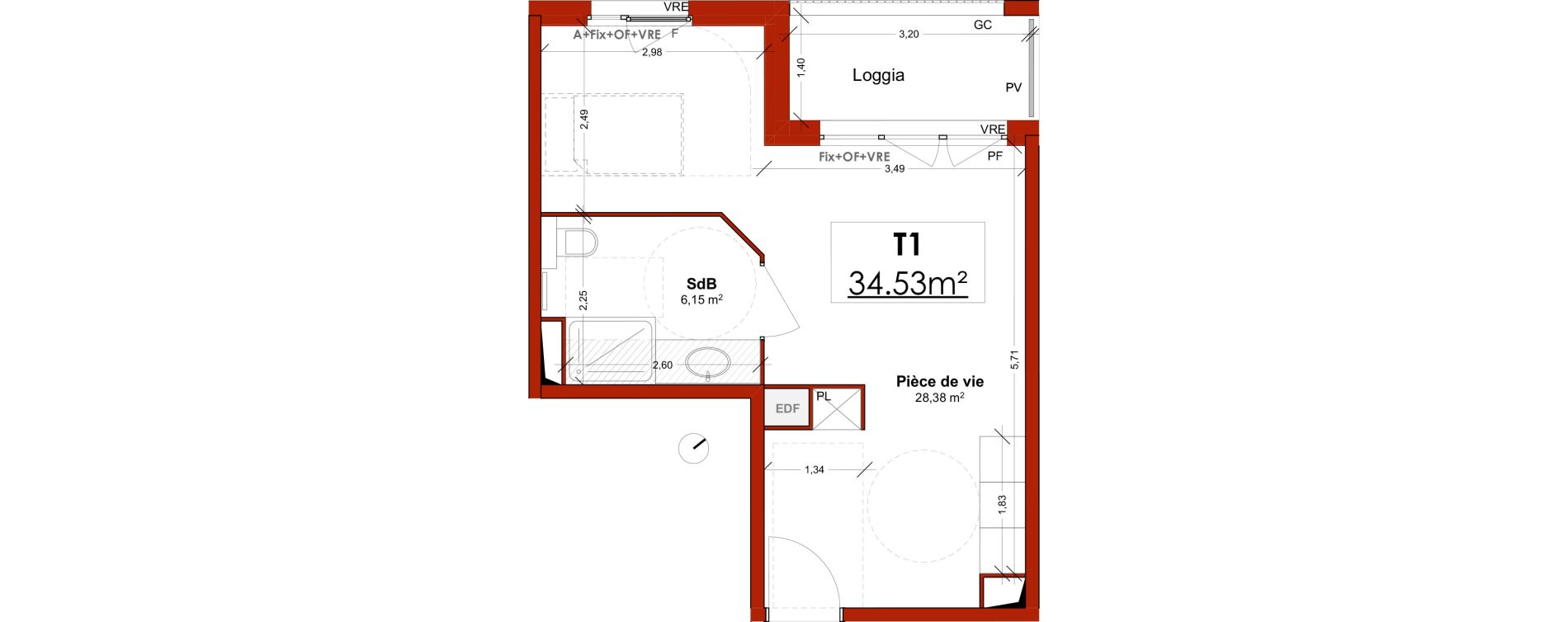 Appartement T1 meubl&eacute; de 34,53 m2 &agrave; Lens Centre
