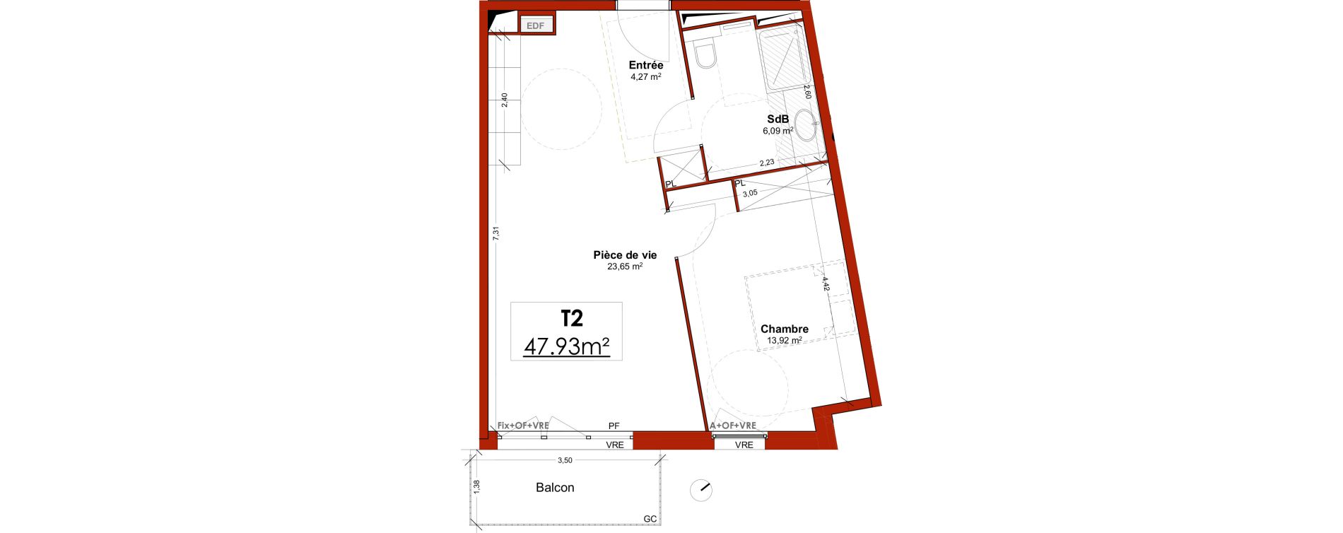 Appartement T2 meubl&eacute; de 47,93 m2 &agrave; Lens Centre
