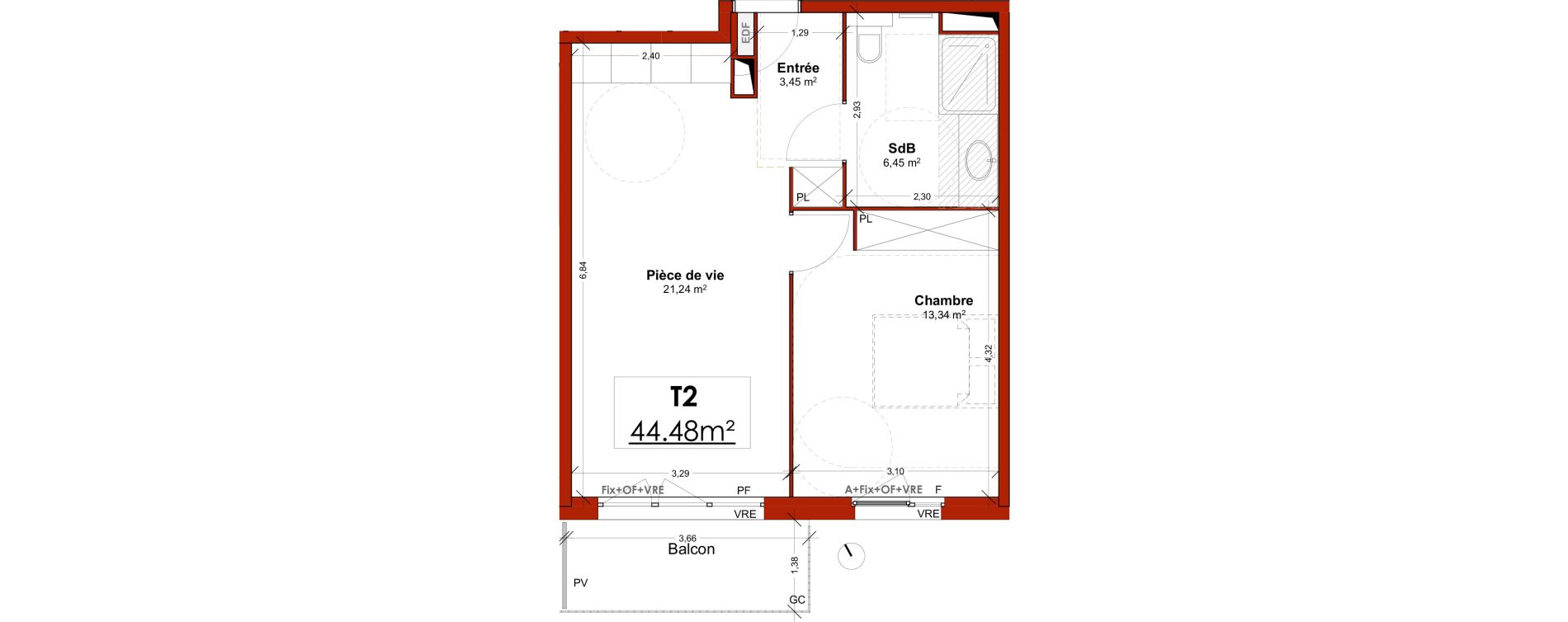 Appartement T2 meubl&eacute; de 44,48 m2 &agrave; Lens Centre