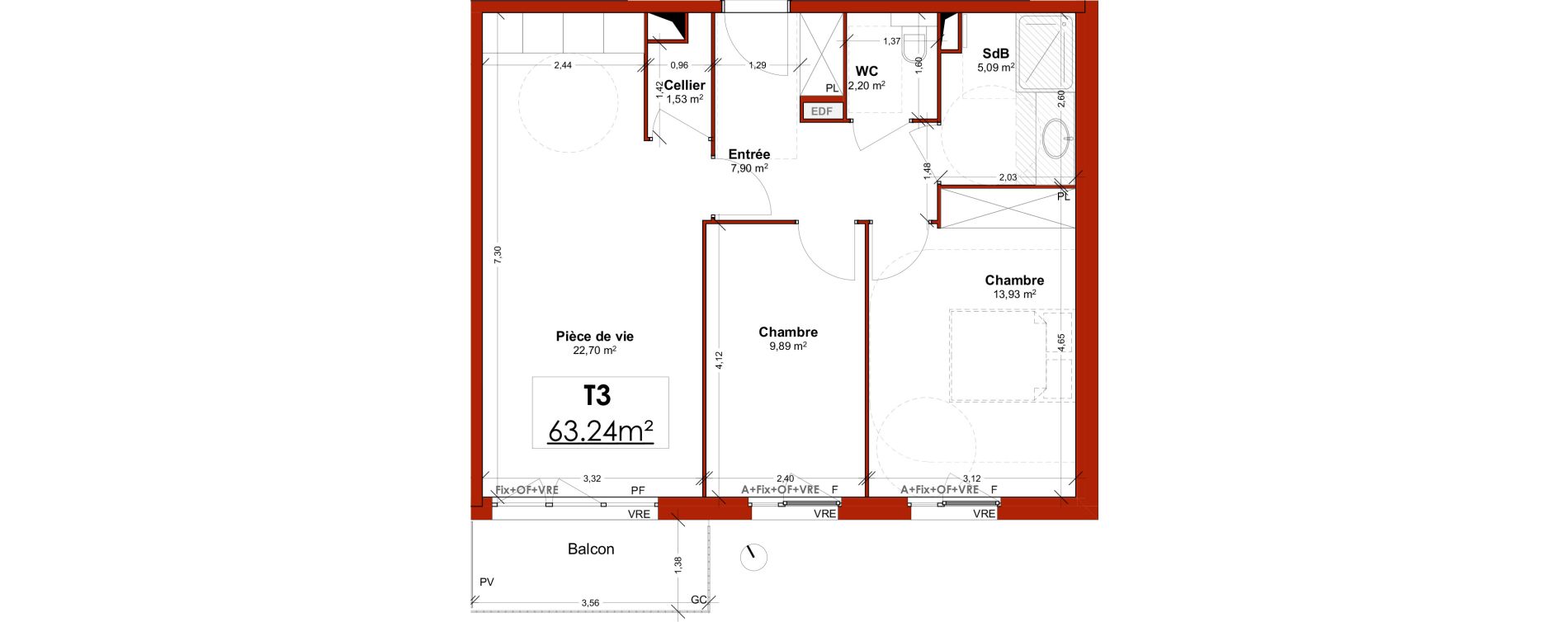Appartement T3 meubl&eacute; de 63,24 m2 &agrave; Lens Centre