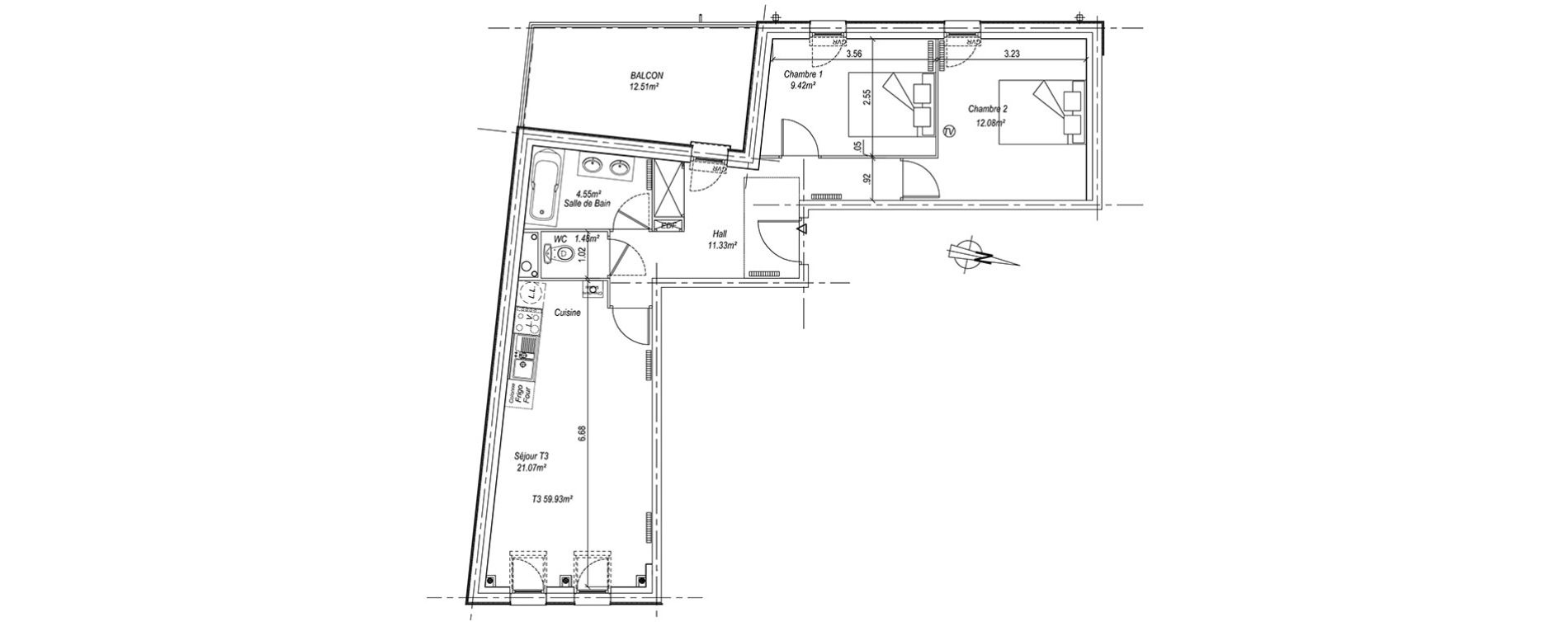 Appartement T3 de 59,93 m2 &agrave; Montreuil Centre