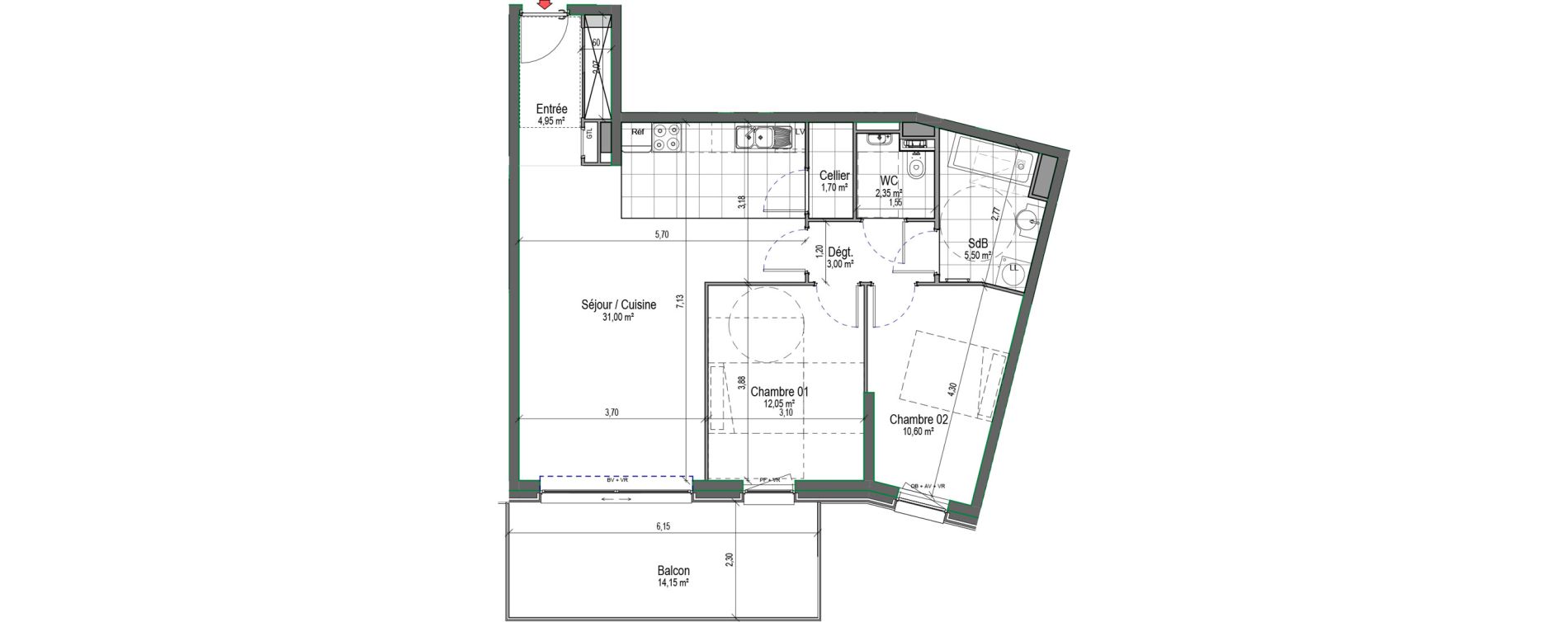 Appartement T2 de 71,15 m2 &agrave; Saint-Nicolas Centre