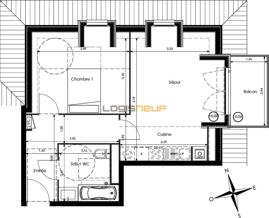 Appartement T2 de 46.80 m2 4ème étage E Le Clos de la Rivière Sainte