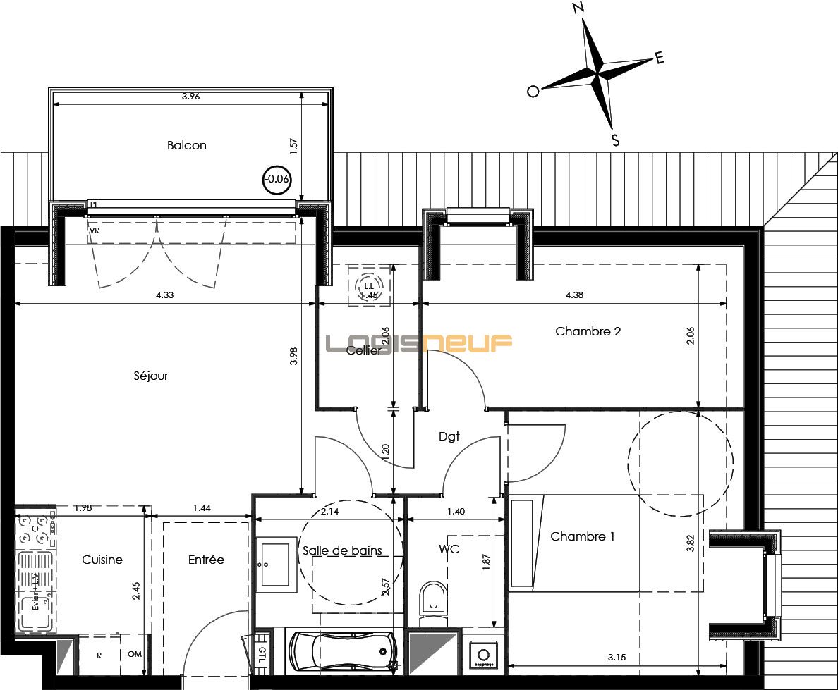 Plan appartement T3 de 61,19 m² neuf, résidence « Le Clos de la Rivière