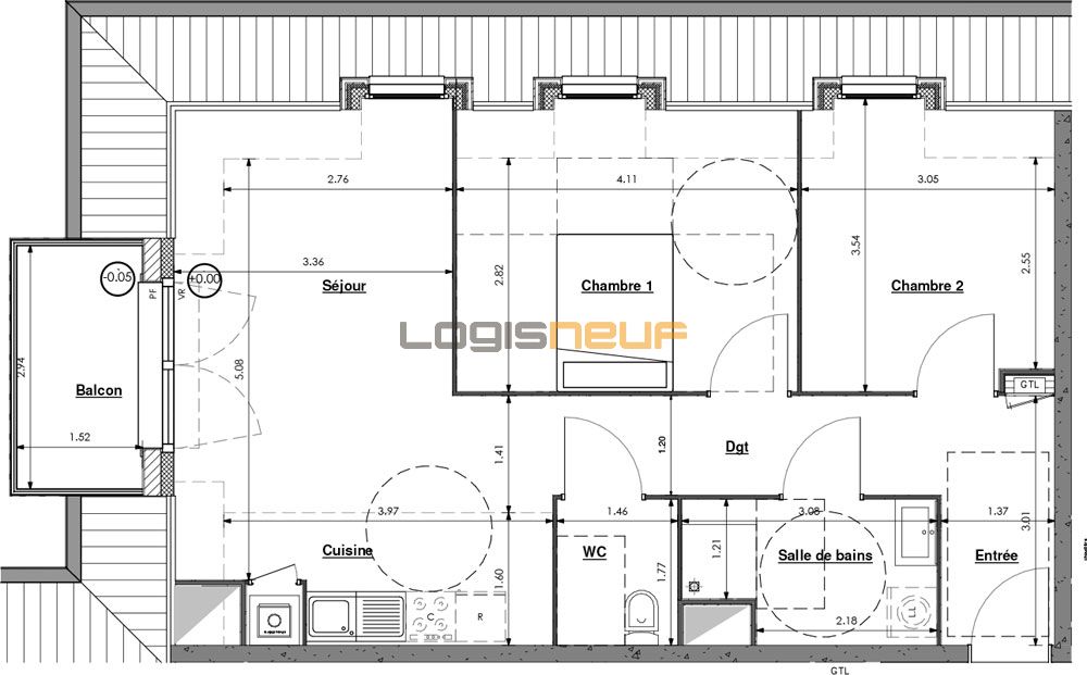Plan appartement T3 de 59,76 m² neuf, résidence « Le Clos de la Rivière