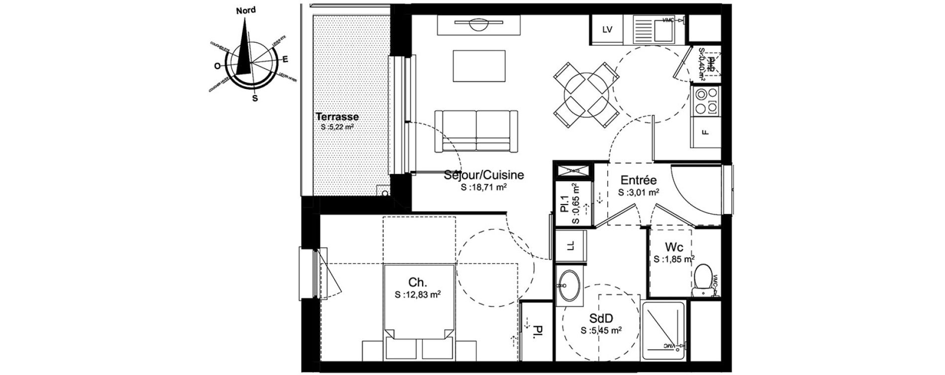 Appartement T2 de 42,90 m2 &agrave; Amiens La vall&eacute;e