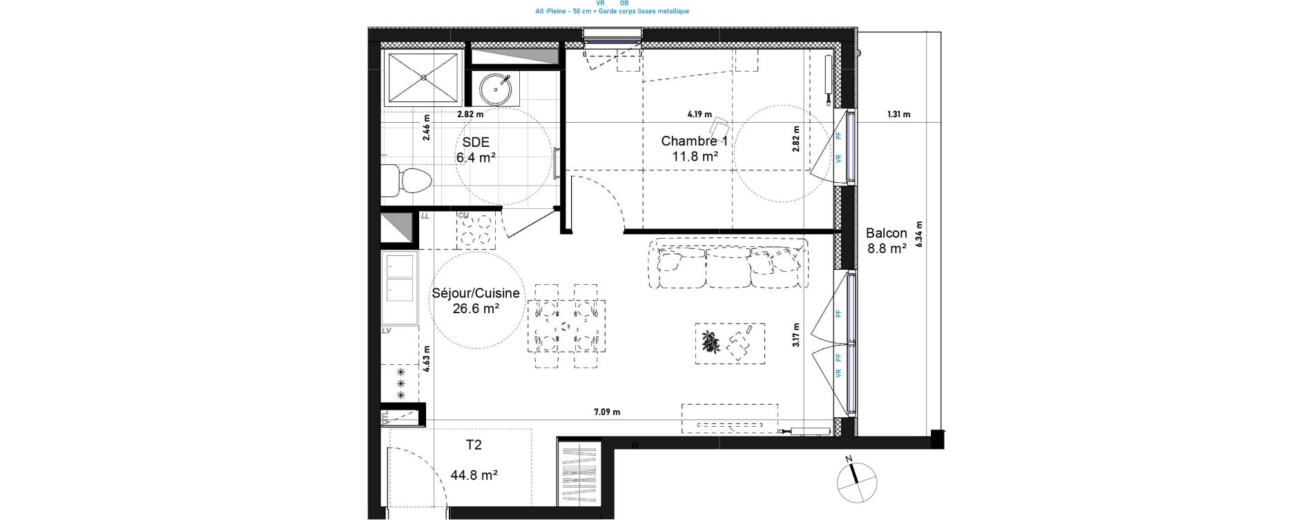 Appartement T2 de 44,80 m2 &agrave; Amiens La vall&eacute;e