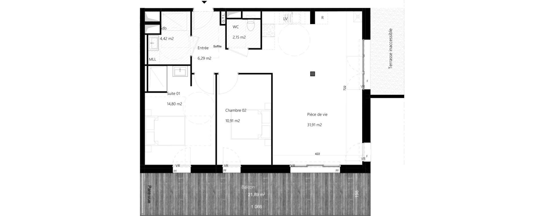 Appartement T3 de 70,48 m2 &agrave; Amiens Gare - la vallee - les hortillonnages