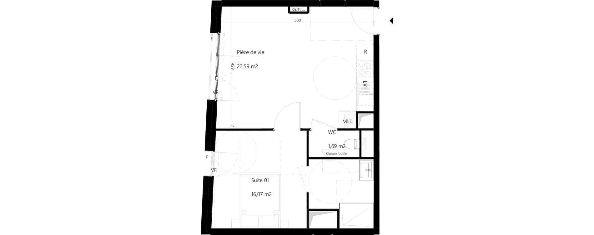 Appartement T2 de 40,35 m2 &agrave; Amiens Gare - la vallee - les hortillonnages