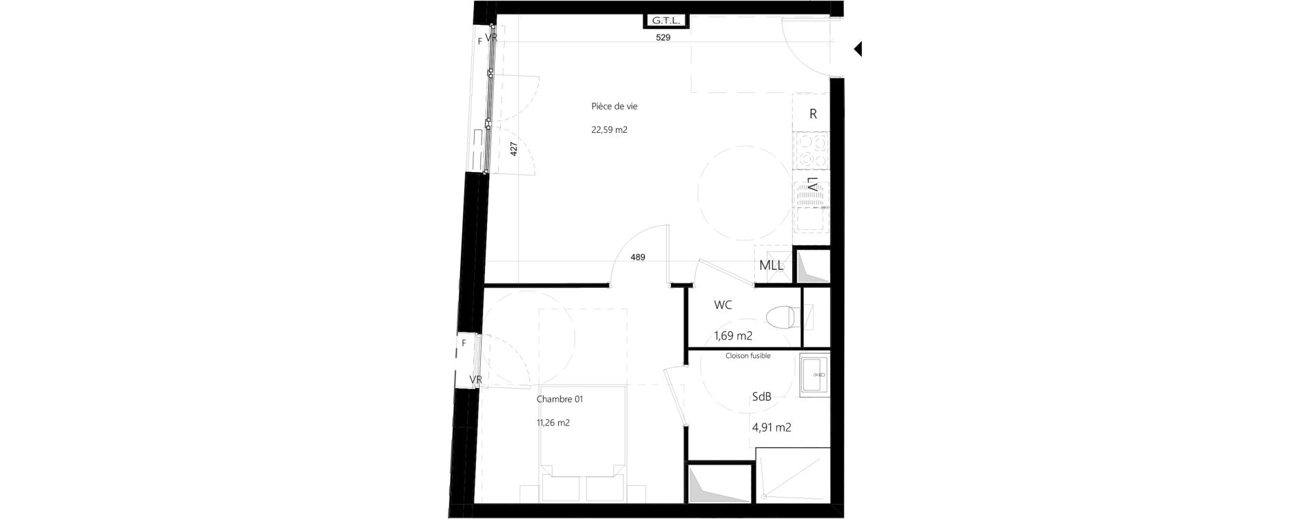 Appartement T2 de 40,45 m2 &agrave; Amiens Gare - la vallee - les hortillonnages