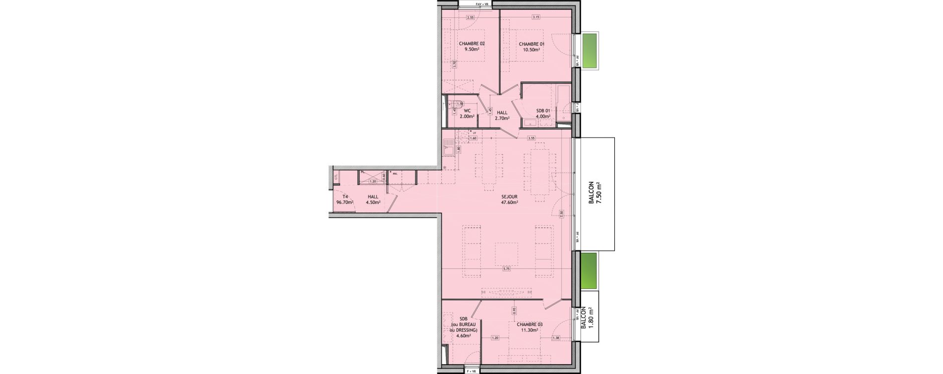 Appartement T4 de 96,70 m2 &agrave; Amiens La vall&eacute;e